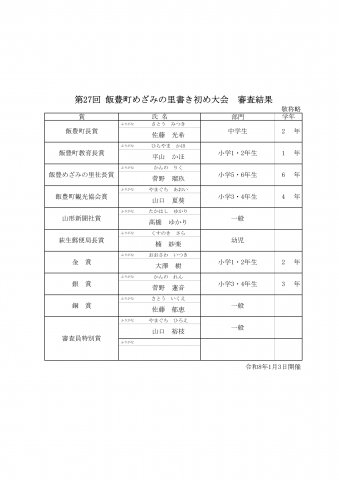 第27回飯豊町めざみの里書き初め大会　審査結果：画像